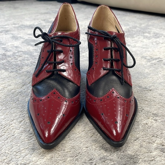 New L’Agence Elodie Pump Heeled Lace Up Oxford Preppy Academia Red Black 6 - Picture 4 of 11
